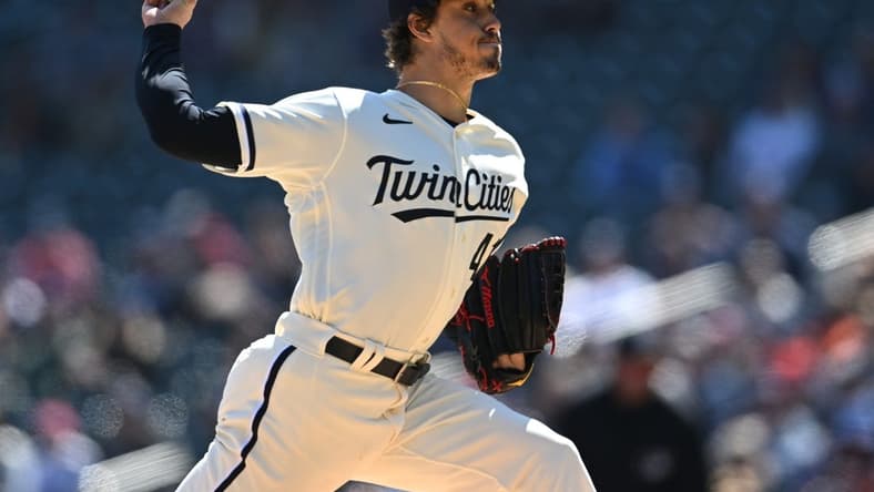 Apr 8, 2023; Minneapolis, Minnesota, USA;  Minnesota Twins starting pitcher Joe Ryan (41) throws a pitch against the Houston Astros at Target Field. Mandatory Credit: Jeffrey Becker-USA TODAY Sports