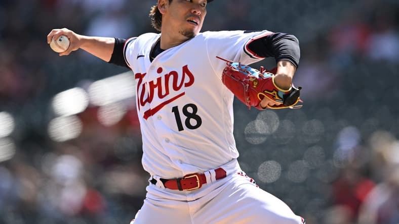 Apr 10, 2023; Minneapolis, Minnesota, USA; Minnesota Twins starting pitcher Kenta Maeda (18) throws a pitch against the Chicago White Sox during the first inning at Target Field. Mandatory Credit: Jeffrey Becker-USA TODAY Sports