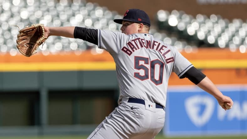 Apr 18, 2023; Detroit, Michigan, USA; Cleveland Guardians pitcher Peyton Battenfield (50) pitches  against the Detroit Tigers at Comerica Park. Mandatory Credit: David Reginek-USA TODAY Sports