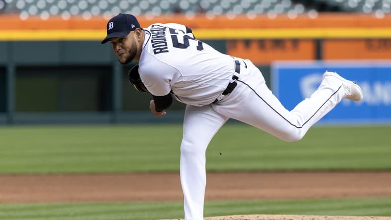 Apr 18, 2023; Detroit, Michigan, USA; Detroit Tigers starting pitcher Eduardo Rodriguez (57) pitches against the Cleveland Guardians at Comerica Park. Mandatory Credit: David Reginek-USA TODAY Sports