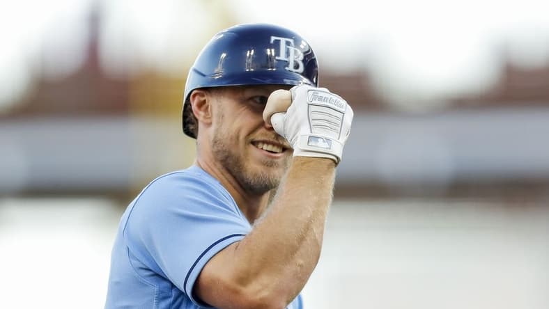 Apr 18, 2023; Cincinnati, Ohio, USA; Tampa Bay Rays second baseman Taylor Walls (6) reacts after hitting a solo home run in the second inning against the Cincinnati Reds at Great American Ball Park. Mandatory Credit: Katie Stratman-USA TODAY Sports