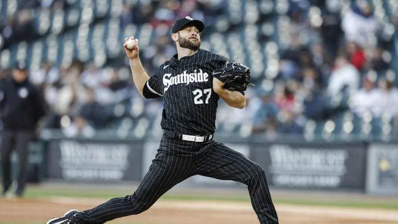 Apr 18, 2023; Chicago, Illinois, USA; Chicago White Sox starting pitcher Lucas Giolito (27) delivers against the Philadelphia Phillies during the first inning of game two of the doubleheader at Guaranteed Rate Field. Mandatory Credit: Kamil Krzaczynski-USA TODAY Sports