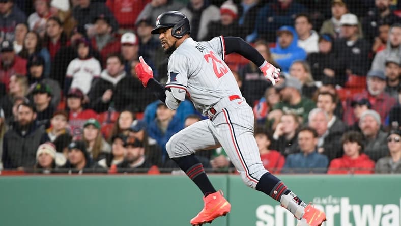 Apr 18, 2023; Boston, Massachusetts, USA; Minnesota Twins designated hitter Byron Buxton (25) runs against the Boston Red Sox during the fifth inning at Fenway Park. Mandatory Credit: Eric Canha-USA TODAY Sports