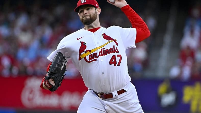 Apr 18, 2023; St. Louis, Missouri, USA;  St. Louis Cardinals starting pitcher Jordan Montgomery (47) pitches against the Arizona Diamondbacks during the first inning at Busch Stadium. Mandatory Credit: Jeff Curry-USA TODAY Sports