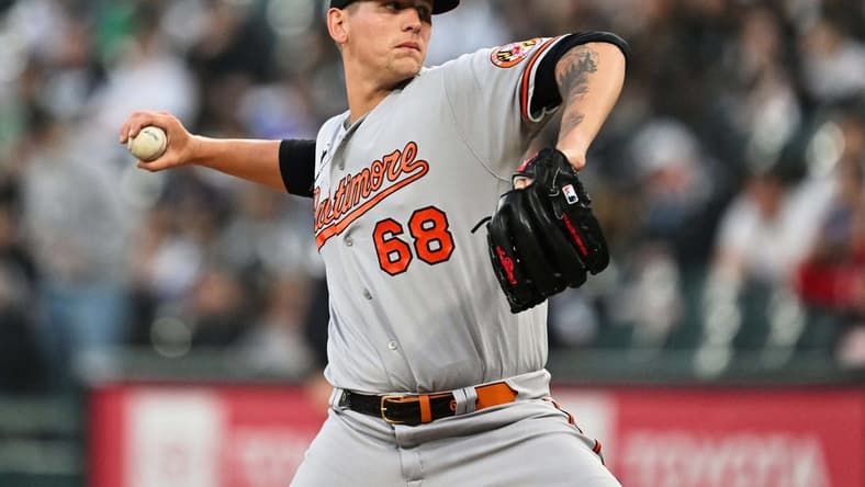 Apr 14, 2023; Chicago, Illinois, USA;  Baltimore Orioles pitcher Tyler Wells (68) pitches against the Chicago White Sox at Guaranteed Rate Field. Mandatory Credit: Jamie Sabau-USA TODAY Sports