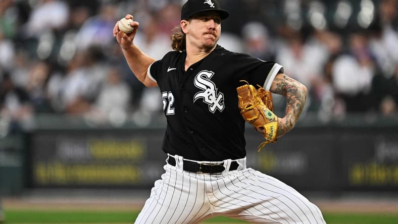 Apr 14, 2023; Chicago, Illinois, USA;  Chicago White Sox pitcher Mike Clevinger (52) pitches against the Baltimore Orioles at Guaranteed Rate Field. Mandatory Credit: Jamie Sabau-USA TODAY Sports
