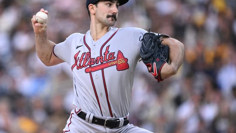 Apr 18, 2023; San Diego, California, USA; Atlanta Braves starting pitcher Spencer Strider (99) throws a pitch against the San Diego Padres during the first inning at Petco Park. Mandatory Credit: Orlando Ramirez-USA TODAY Sports