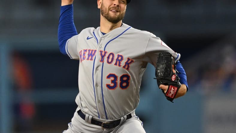 Apr 18, 2023; Los Angeles, California, USA; New York Mets starting pitcher Tylor Megill (38) throws in the first inning against the Los Angeles Dodgers at Dodger Stadium. Mandatory Credit: Jayne Kamin-Oncea-USA TODAY Sports