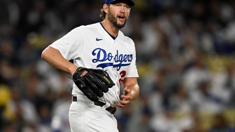 Apr 18, 2023; Los Angeles, California, USA; Los Angeles Dodgers starting pitcher Clayton Kershaw (22) on the mound in the seventh inning against the New York Mets at Dodger Stadium. Mandatory Credit: Jayne Kamin-Oncea-USA TODAY Sports