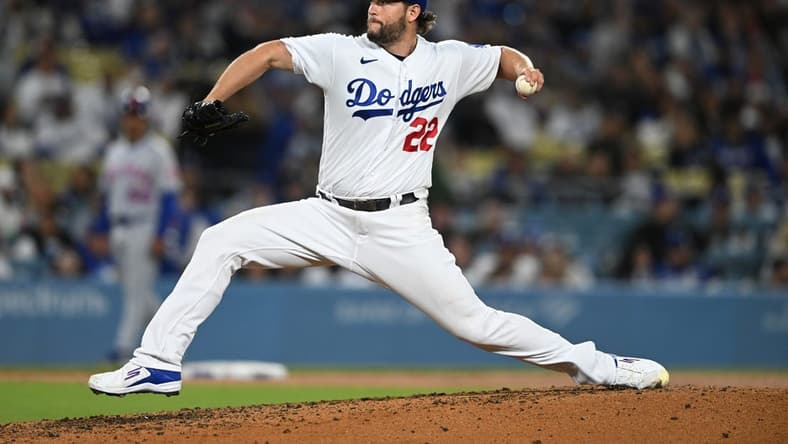 Apr 18, 2023; Los Angeles, California, USA; Los Angeles Dodgers starting pitcher Clayton Kershaw (22) on the mound in the seventh inning against the New York Mets at Dodger Stadium. Mandatory Credit: Jayne Kamin-Oncea-USA TODAY Sports