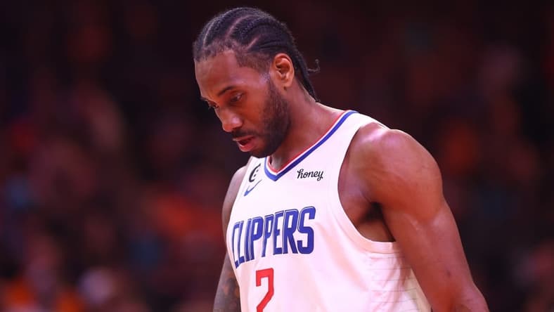 Apr 18, 2023; Phoenix, Arizona, USA; Los Angeles Clippers forward Kawhi Leonard reacts against the Phoenix Suns in the second half during game two of the 2023 NBA playoffs at Footprint Center. Mandatory Credit: Mark J. Rebilas-USA TODAY Sports