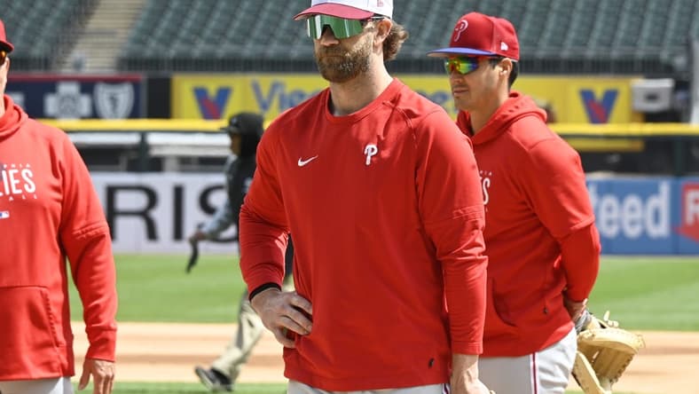 Apr 19, 2023; Chicago, Illinois, USA;   Philadelphia Phillies  Bryce Harper looks on prior to the game against the Chicago White Sox at Guaranteed Rate Field. Mandatory Credit: Matt Marton-USA TODAY Sports