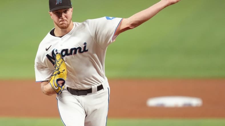 Apr 19, 2023; Miami, Florida, USA;  Miami Marlins starting pitcher Trevor Rogers (28) pitches against the San Francisco Giants in the second inning at loanDepot Park. Mandatory Credit: Jim Rassol-USA TODAY Sports
