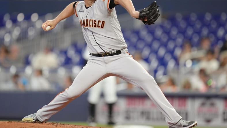 Apr 19, 2023; Miami, Florida, USA;  San Francisco Giants starting pitcher Alex Cobb (38) pitches against the Miami Marlins in the first inning at loanDepot Park. Mandatory Credit: Jim Rassol-USA TODAY Sports