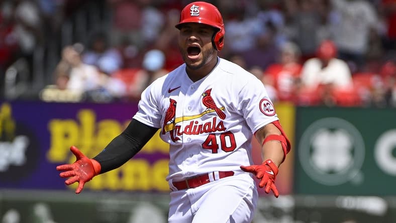 Apr 19, 2023; St. Louis, Missouri, USA;  St. Louis Cardinals designated hitter Willson Contreras (40) reacts after hitting a one run double against the Arizona Diamondbacks during the first inning at Busch Stadium. Mandatory Credit: Jeff Curry-USA TODAY Sports