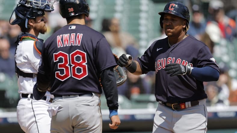 Apr 19, 2023; Detroit, Michigan, USA;  Cleveland Guardians third baseman Jose Ramirez (11) celebrates with Guardians left fielder Steven Kwan (38) after hitting a three run home run in the sixth inning against the Detroit Tigers at Comerica Park. Mandatory Credit: Rick Osentoski-USA TODAY Sports