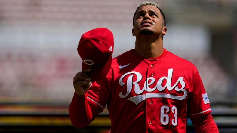 Cincinnati Reds releif pitcher Fernando Cruz (63) looks to the sky after pitching a scoreless top of the sixth inning of the MLB Interleague game between the Cincinnati Reds and the Tampa Bay Rays at Great American Ball Park in downtown Cincinnati on Wednesday, April 19, 2023.

Tampa Bay Rays At Cincinnati Reds