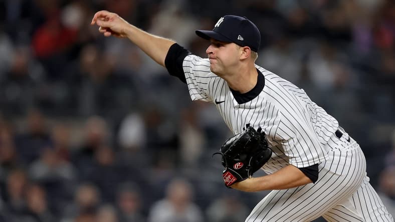 Apr 19, 2023; Bronx, New York, USA; New York Yankees relief pitcher Michael King (34) pitches against the Los Angeles Angels during the fifth inning at Yankee Stadium. Mandatory Credit: Brad Penner-USA TODAY Sports