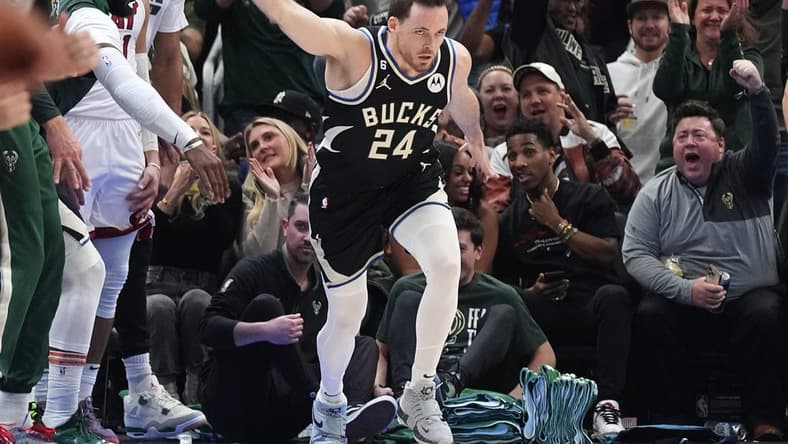 Bucks guard Pat Connaughton reacts after hitting a three-pointer in the first half on Wednesday.
Mjs Bucks19 11 Jpg Bucks19