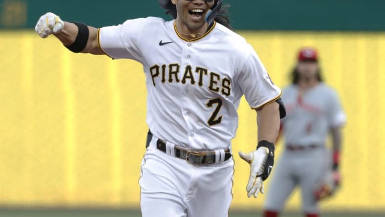 Apr 20, 2023; Pittsburgh, Pennsylvania, USA;  Pittsburgh Pirates right fielder Connor Joe (2) reacts as he circles the bases on a three run home run against the Cincinnati Reds during the first inning at PNC Park. Mandatory Credit: Charles LeClaire-USA TODAY Sports