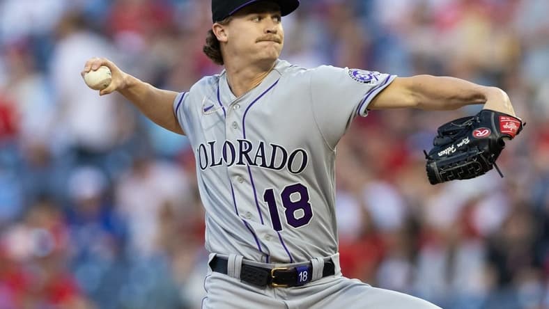 Apr 20, 2023; Philadelphia, Pennsylvania, USA; Colorado Rockies starting pitcher Ryan Feltner (18) throws a pitch during the second inning against the Philadelphia Phillies at Citizens Bank Park. Mandatory Credit: Bill Streicher-USA TODAY Sports