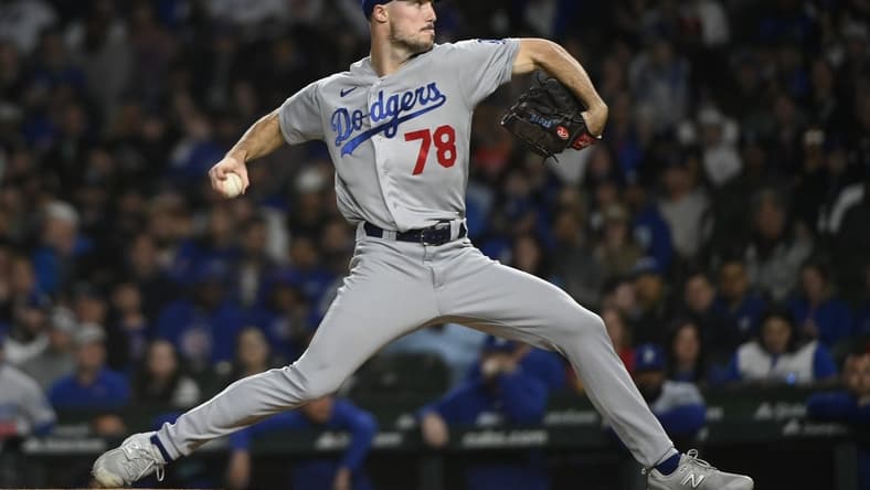 Apr 20, 2023; Chicago, Illinois, USA;   Los Angeles Dodgers starting pitcher Michael Grove (78) delivers against the Chicago Cubs during the first inning at Wrigley Field. Mandatory Credit: Matt Marton-USA TODAY Sports