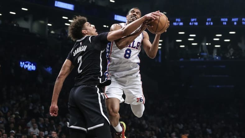 Apr 20, 2023; Brooklyn, New York, USA; Philadelphia 76ers guard De'Anthony Melton (8) looks to drive past Brooklyn Nets forward Cameron Johnson (2) during game three of the 2023 NBA playoffs at Barclays Center. Mandatory Credit: Wendell Cruz-USA TODAY Sports