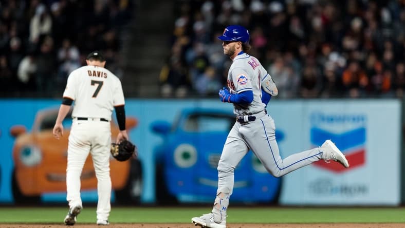 Apr 20, 2023; San Francisco, California, USA;  New York Mets right fielder Jeff McNeil (1) runs the bases after hitting a solo home run against the San Francisco Giants during the sixth inning at Oracle Park. Mandatory Credit: John Hefti-USA TODAY Sports