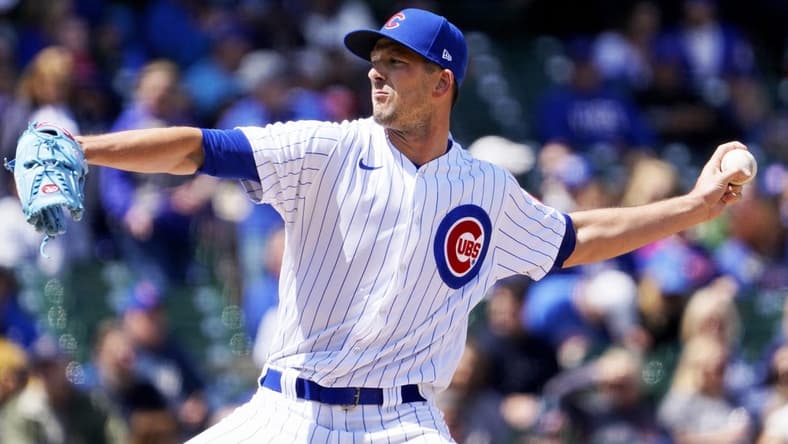 Apr 21, 2023; Chicago, Illinois, USA; Chicago Cubs starting pitcher Drew Smyly (11) throws the ball against the Los Angeles Dodgers during the first inning at Wrigley Field. Mandatory Credit: David Banks-USA TODAY Sports