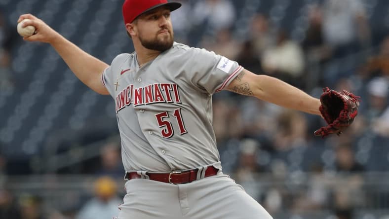 Apr 21, 2023; Pittsburgh, Pennsylvania, USA; Cincinnati Reds starting pitcher Graham Ashcraft (51) delivers a pitch against the Pittsburgh Pirates during the first inning at PNC Park. Mandatory Credit: Charles LeClaire-USA TODAY Sports