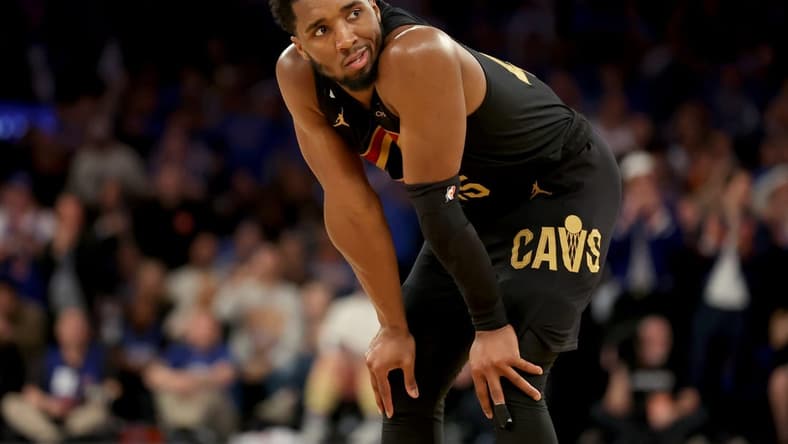 Apr 21, 2023; New York, New York, USA; Cleveland Cavaliers guard Donovan Mitchell (45) reacts during the fourth quarter of game three of the 2023 NBA playoffs against the New York Knicks at Madison Square Garden. Mandatory Credit: Brad Penner-USA TODAY Sports