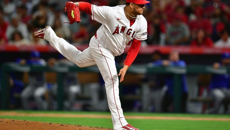 Apr 21, 2023; Anaheim, California, USA; Los Angeles Angels relief pitcher Jose Quijada (65) throws against the Kansas City Royals during the ninth inning at Angel Stadium. Mandatory Credit: Gary A. Vasquez-USA TODAY Sports