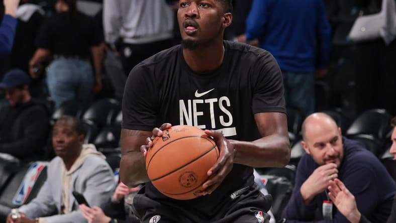 Apr 22, 2023; Brooklyn, New York, USA; Brooklyn Nets forward Dorian Finney-Smith (28) warms up before game four of the 2023 NBA playoffs against the Philadelphia 76ers at Barclays Center. Mandatory Credit: Vincent Carchietta-USA TODAY Sports
