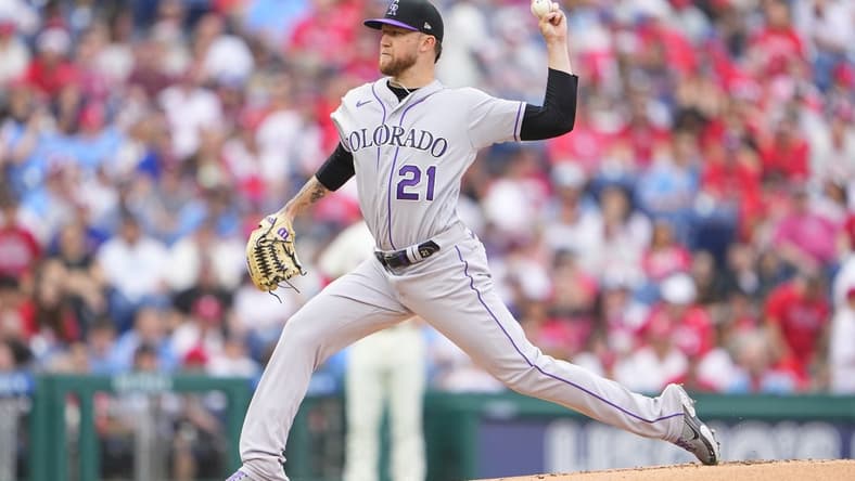 Apr 22, 2023; Philadelphia, Pennsylvania, USA; Colorado Rockies pitcher Kyle Freeland (21) delivers a pitch against the Philadelphia Phillies during the first inning at Citizens Bank Park. Mandatory Credit: Gregory Fisher-USA TODAY Sports