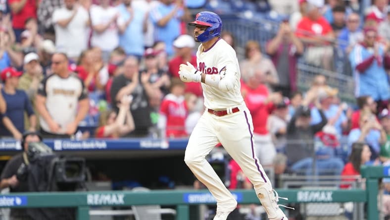 Apr 22, 2023; Philadelphia, Pennsylvania, USA;  Philadelphia Phillies right fielder Nick Castellanos (8) rounds the bases after hitting a home run against the Colorado Rockies during the second inning at Citizens Bank Park. Mandatory Credit: Gregory Fisher-USA TODAY Sports