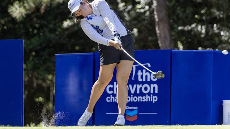 Apr 22, 2023; The Woodlands, Texas, USA; Allisen Corpuz (USA) hits off the 16th during the third round of The Chevron Championship golf tournament. Mandatory Credit: Thomas Shea-USA TODAY Sports
