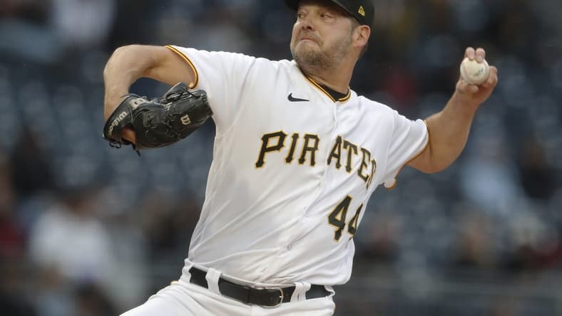 Apr 22, 2023; Pittsburgh, Pennsylvania, USA;  Pittsburgh Pirates starting pitcher Rich Hill (44) delivers a pitch against the Cincinnati Reds during the first inning at PNC Park. Mandatory Credit: Charles LeClaire-USA TODAY Sports