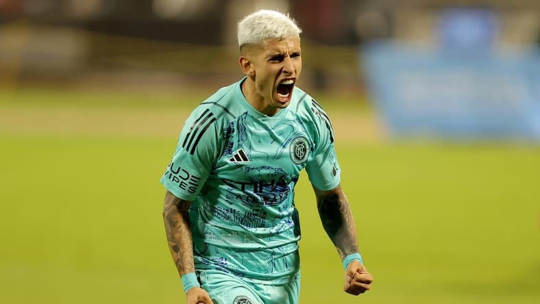 Apr 22, 2023; Flushing, NY, USA; New York City FC midfielder Santiago Rodriguez (10) celebrates his goal against FC Dallas during the first half at Citi Field. Mandatory Credit: Brad Penner-USA TODAY Sports