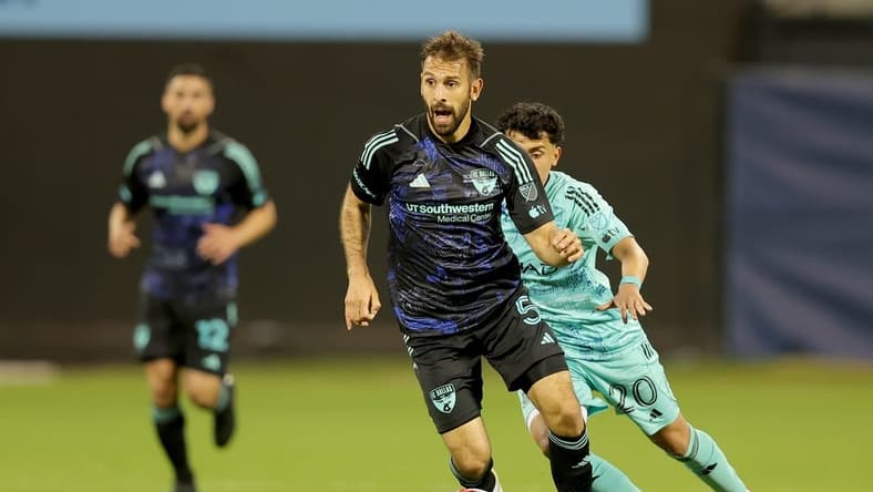 Apr 22, 2023; Flushing, NY, USA; FC Dallas midfielder Facundo Quignon (5) controls the ball against New York City FC midfielder Richard Ledezma (20) during the first half at Citi Field. Mandatory Credit: Brad Penner-USA TODAY Sports