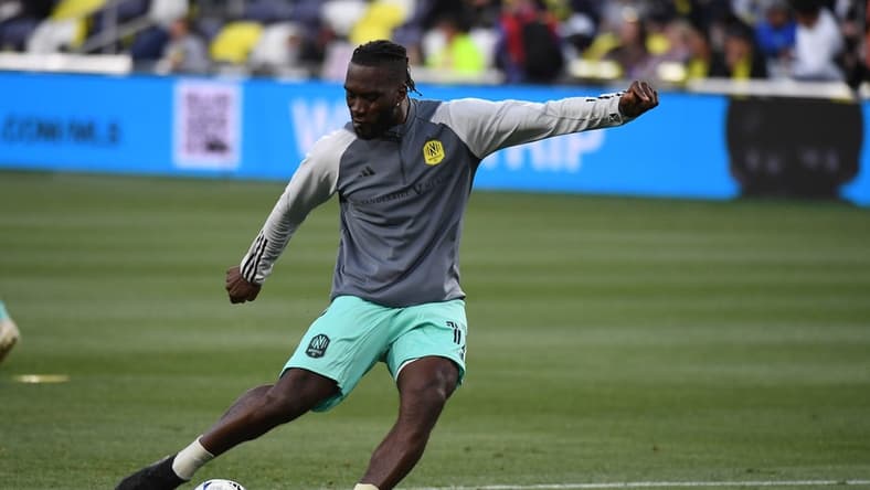Apr 22, 2023; Nashville, Tennessee, USA; Nashville SC forward C.J. Sapong (17) warms up before a match against the Los Angeles FC at Geodis Park. Mandatory Credit: Christopher Hanewinckel-USA TODAY Sports