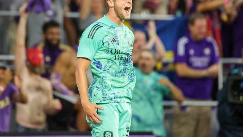 Apr 22, 2023; Orlando, Florida, USA;  Orlando City SC forward Duncan McGuire (13) reacts after scoring a goal against D.C. United in the first half at Exploria Stadium. Mandatory Credit: Nathan Ray Seebeck-USA TODAY Sports