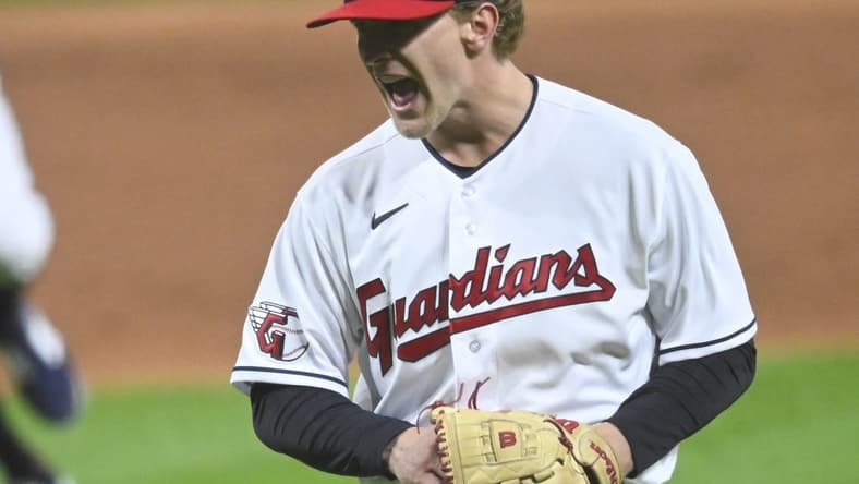 Apr 22, 2023; Cleveland, Ohio, USA; Cleveland Guardians starting pitcher Zach Plesac (34) reacts in the second inning against the Miami Marlins at Progressive Field. Mandatory Credit: David Richard-USA TODAY Sports