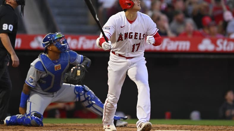 Apr 22, 2023; Anaheim, California, USA;  Los Angeles Angels designated hitter Shohei Ohtani (17) hits a long fly ball for an out in the sixth inning against the Kansas City Royals at Angel Stadium. Mandatory Credit: Jayne Kamin-Oncea-USA TODAY Sports