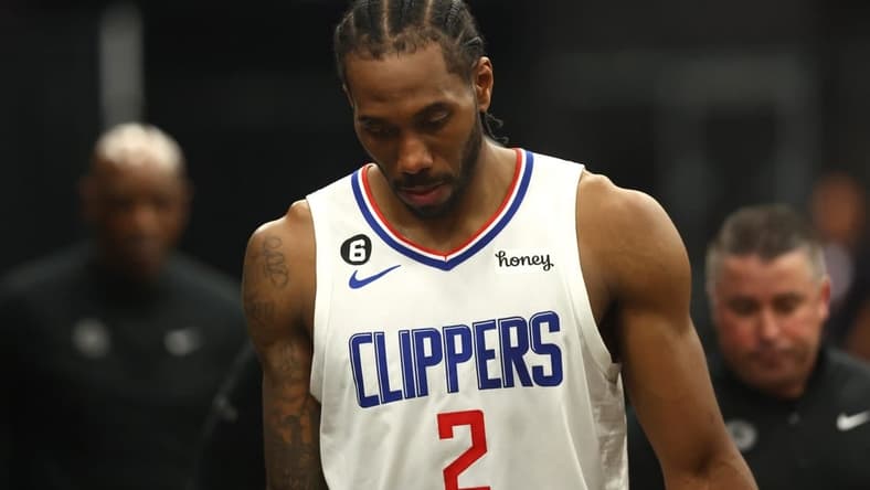 Apr 18, 2023; Phoenix, Arizona, USA; Los Angeles Clippers forward Kawhi Leonard (2) reacts following the game against the Phoenix Suns during game two of the 2023 NBA playoffs at Footprint Center. Mandatory Credit: Mark J. Rebilas-USA TODAY Sports