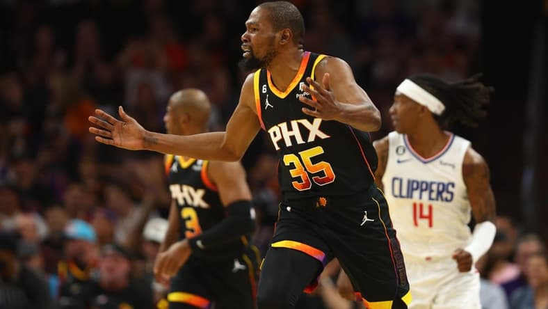 Apr 18, 2023; Phoenix, Arizona, USA; Phoenix Suns forward Kevin Durant (35) against the Los Angeles Clippers during game two of the 2023 NBA playoffs at Footprint Center. Mandatory Credit: Mark J. Rebilas-USA TODAY Sports