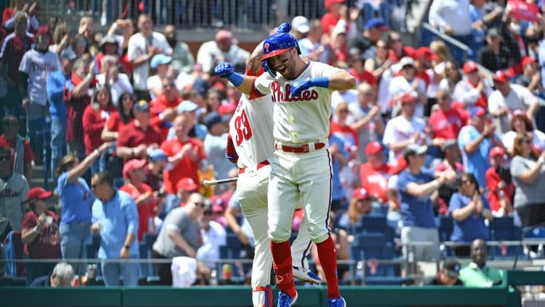 Apr 23, 2023; Philadelphia, Pennsylvania, USA; Philadelphia Phillies first baseman Kody Clemens (23) celebrates his home run with third baseman Edmundo Sosa (33) against the Colorado Rockies during the third inning at Citizens Bank Park. Mandatory Credit: Eric Hartline-USA TODAY Sports