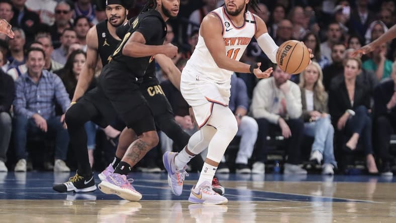 Apr 23, 2023; New York, New York, USA; Cleveland Cavaliers guard Darius Garland (10) defends New York Knicks guard Jalen Brunson (11) during game four of the 2023 NBA playoffs at Madison Square Garden. Mandatory Credit: Wendell Cruz-USA TODAY Sports