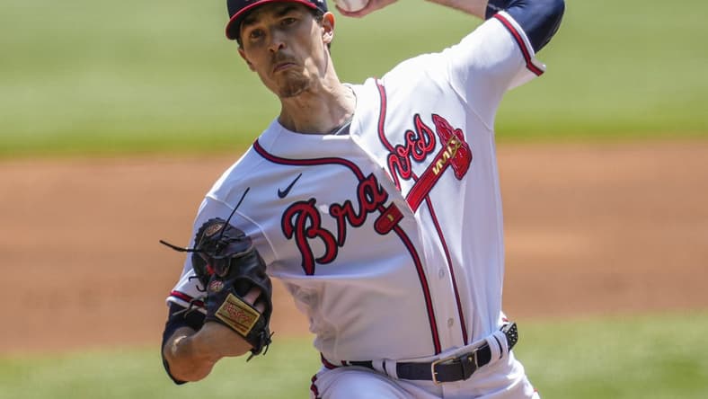 Apr 23, 2023; Cumberland, Georgia, USA; Atlanta Braves starting pitcher Max Fried (54) pitches against the Houston Astros during the first inning at Truist Park. Mandatory Credit: Dale Zanine-USA TODAY Sports