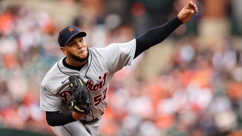 Apr 23, 2023; Baltimore, Maryland, USA; Detroit Tigers starting pitcher Eduardo Rodriguez (57) pitches against the Baltimore Orioles  during the second inning at Oriole Park at Camden Yards. Mandatory Credit: Scott Taetsch-USA TODAY Sports
