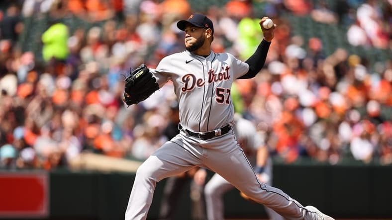 Apr 23, 2023; Baltimore, Maryland, USA; Detroit Tigers starting pitcher Eduardo Rodriguez (57) pitches against the Baltimore Orioles during the first inning at Oriole Park at Camden Yards. Mandatory Credit: Scott Taetsch-USA TODAY Sports